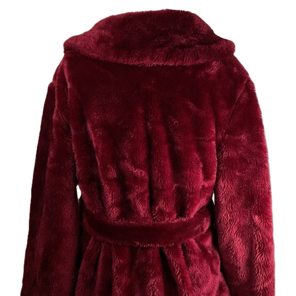 VTG Borg Fabric M Burgundy Faux Fur Robe Made in USA Plush Belted Long Lounge - Picture 8 of 14